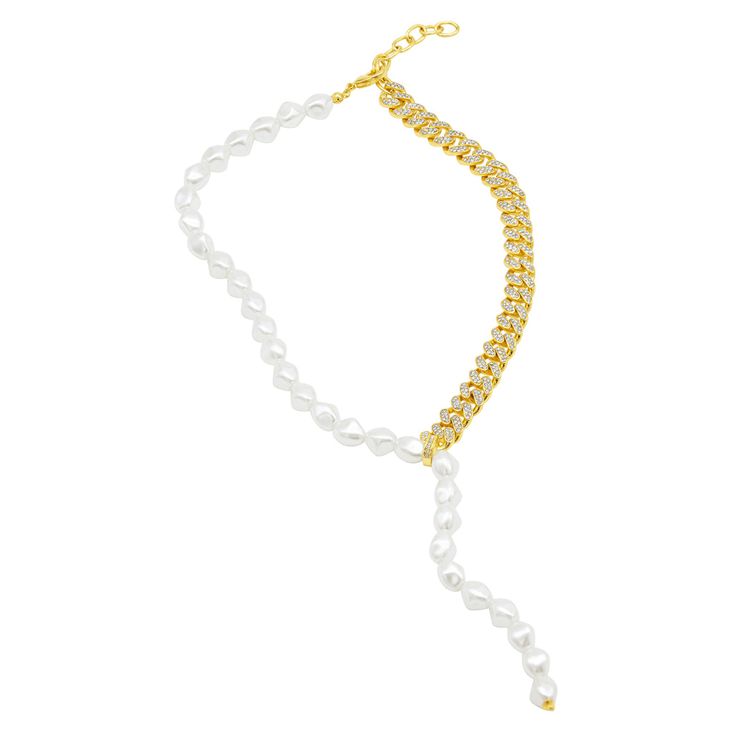 14K Yellow Gold Akoya Cultured Pearl Half Moon Diamond Necklace